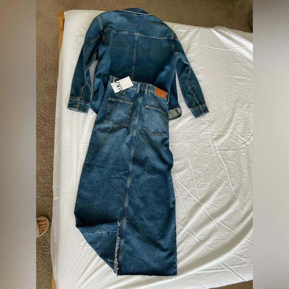 Zara set Long front Slit Denim High waist Skirt & Jacket Indigo Dark Blue S NWT - Picture 15 of 16